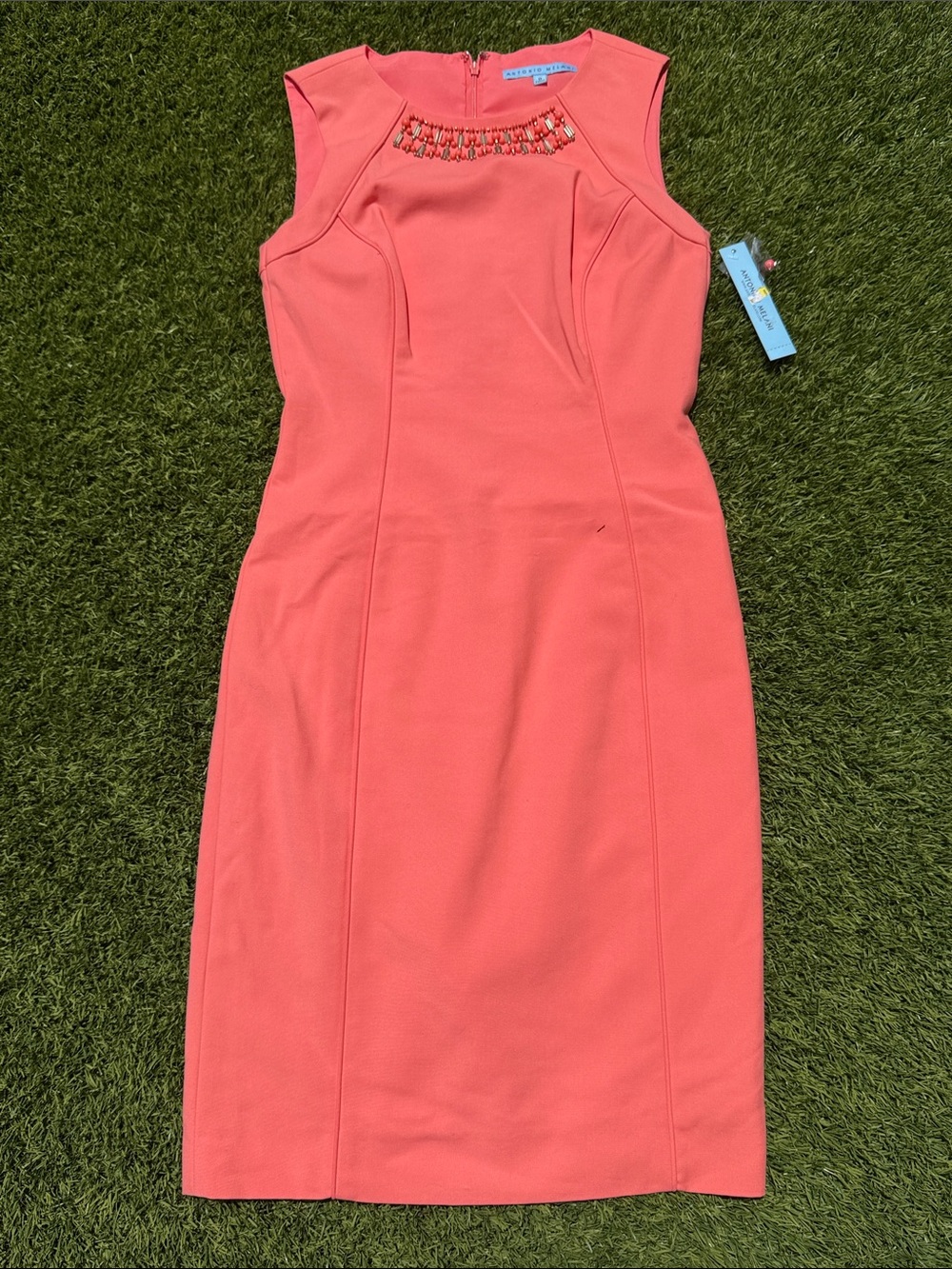 ANTONIO MELANI Coral Sleeveless Midi Sheath Dress with Beaded Neckline
